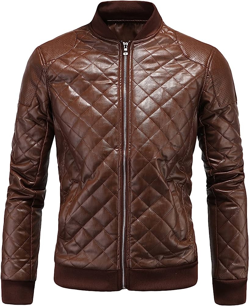 Quilted Brown Bomber Leather Jacket for Men