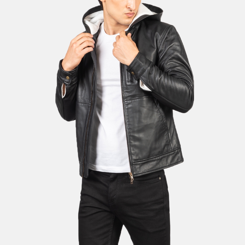 Black Hooded Leather Bomber Jacket